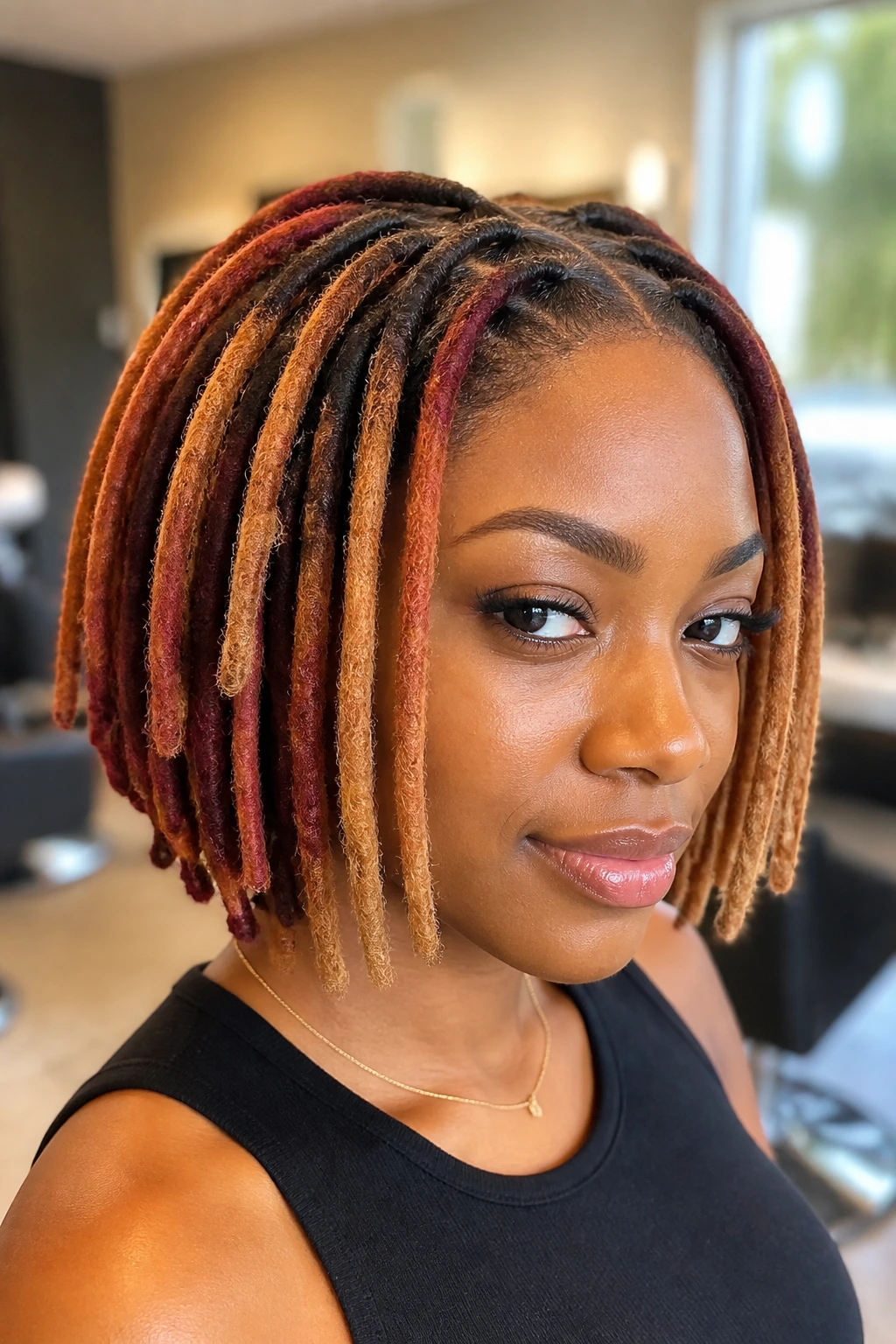 Close-up of a real person with colored loc bob and crisp root color in a salon setting.