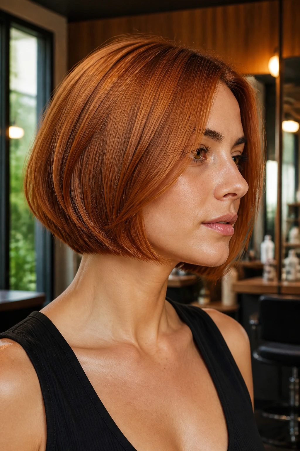 Close-up of real woman with copper jawline bob and warm-toned color