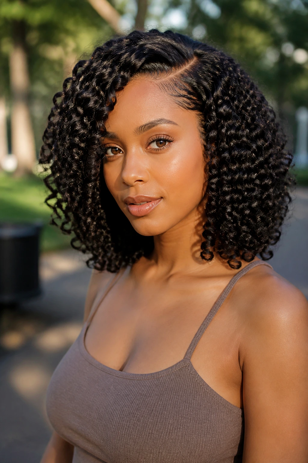 Real woman with shoulder-length corkscrew curls and side part outdoors.