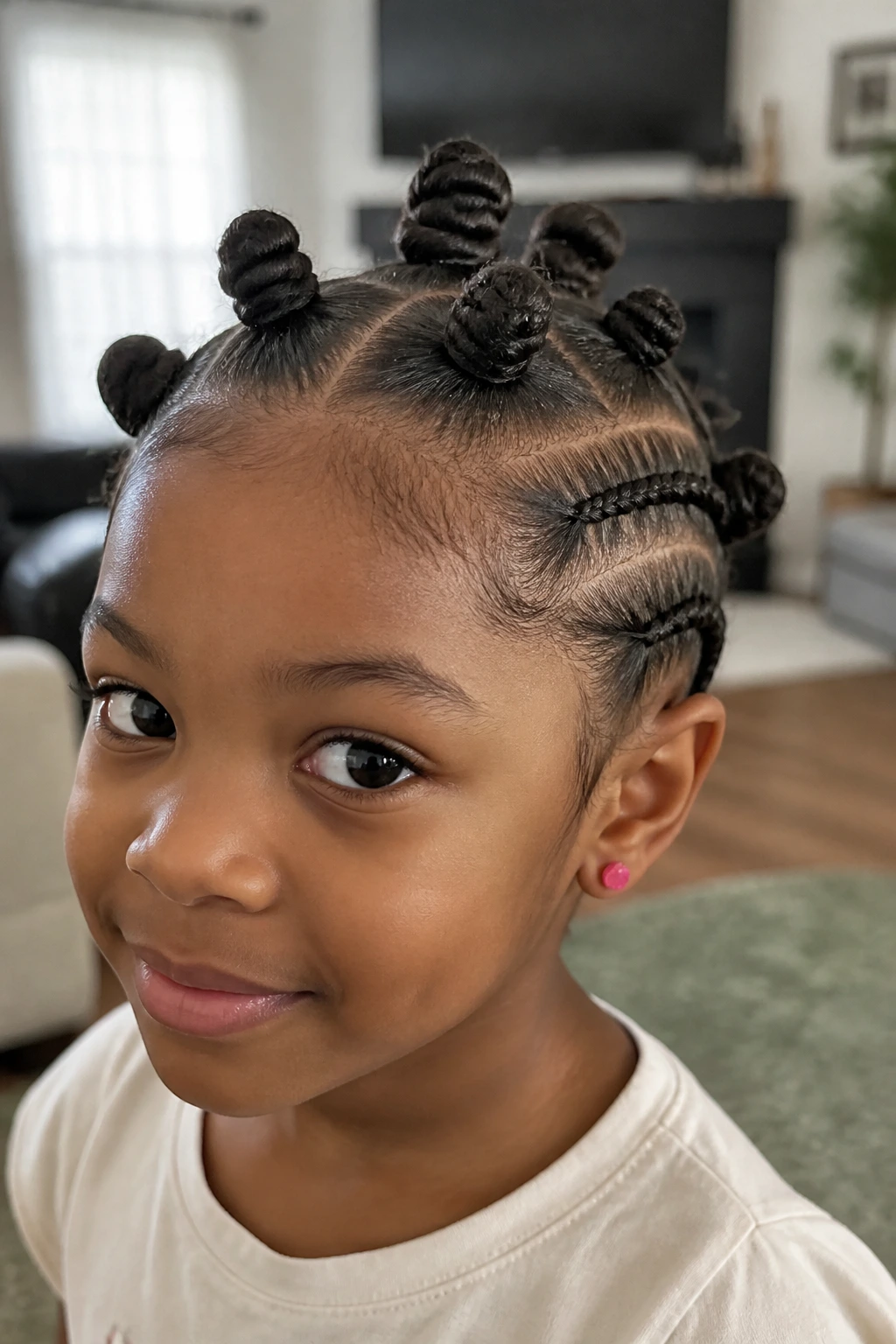 Close-up of a real child’s head with cornrow-assisted bantu knots on the sides.