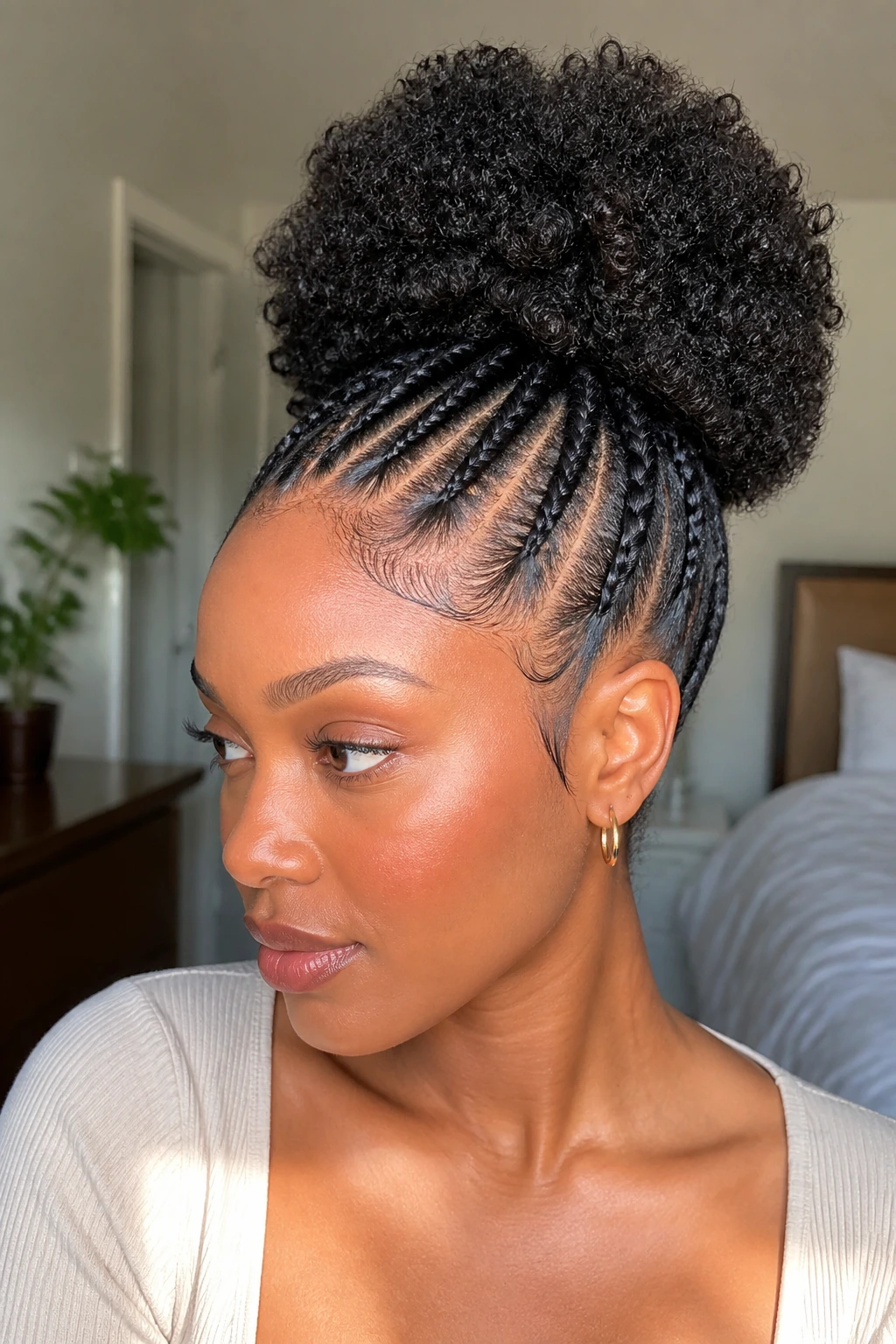 Cornrow base puff hairstyle on a Black woman with neat braids framing the puff