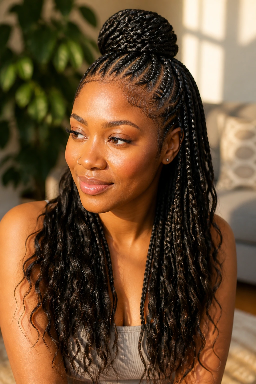 Close-up portrait of a real Black woman with cornrow half up half down hairstyle in warm indoor light