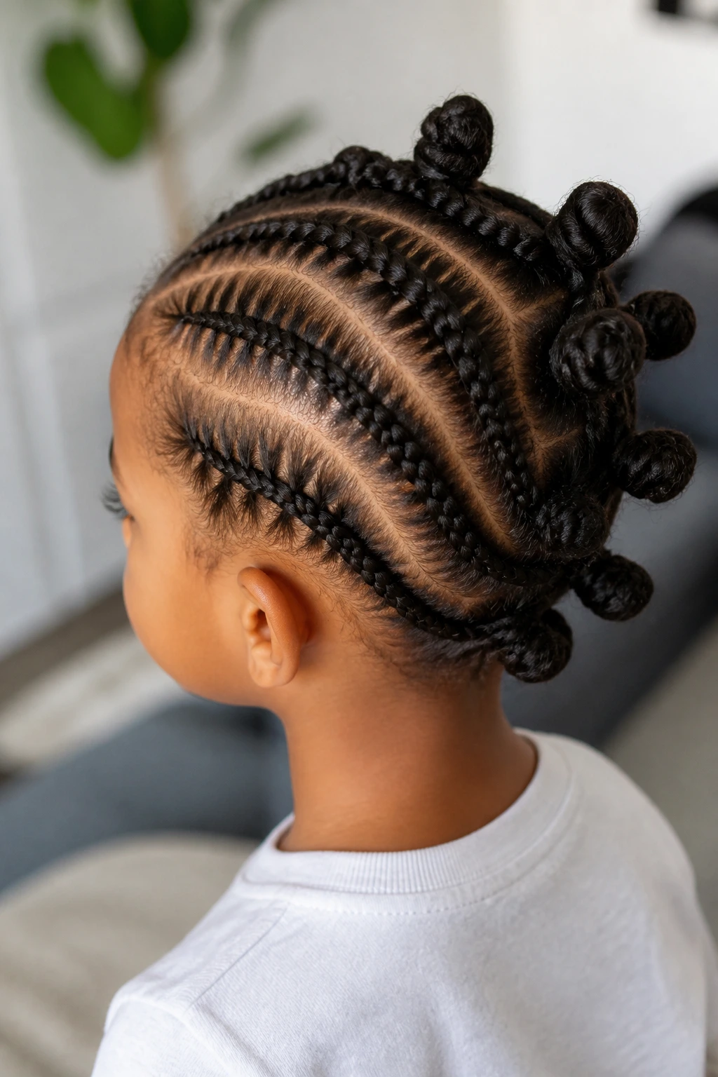 Child with cornrows feeding into bantu knots at the back