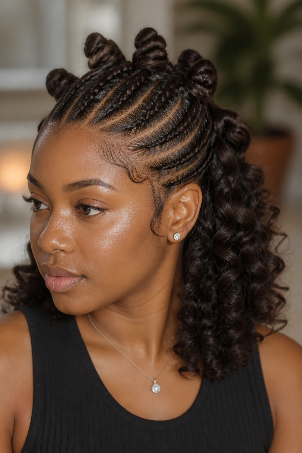 Close-up of cornrow-to-knot crown hairstyle on a real person