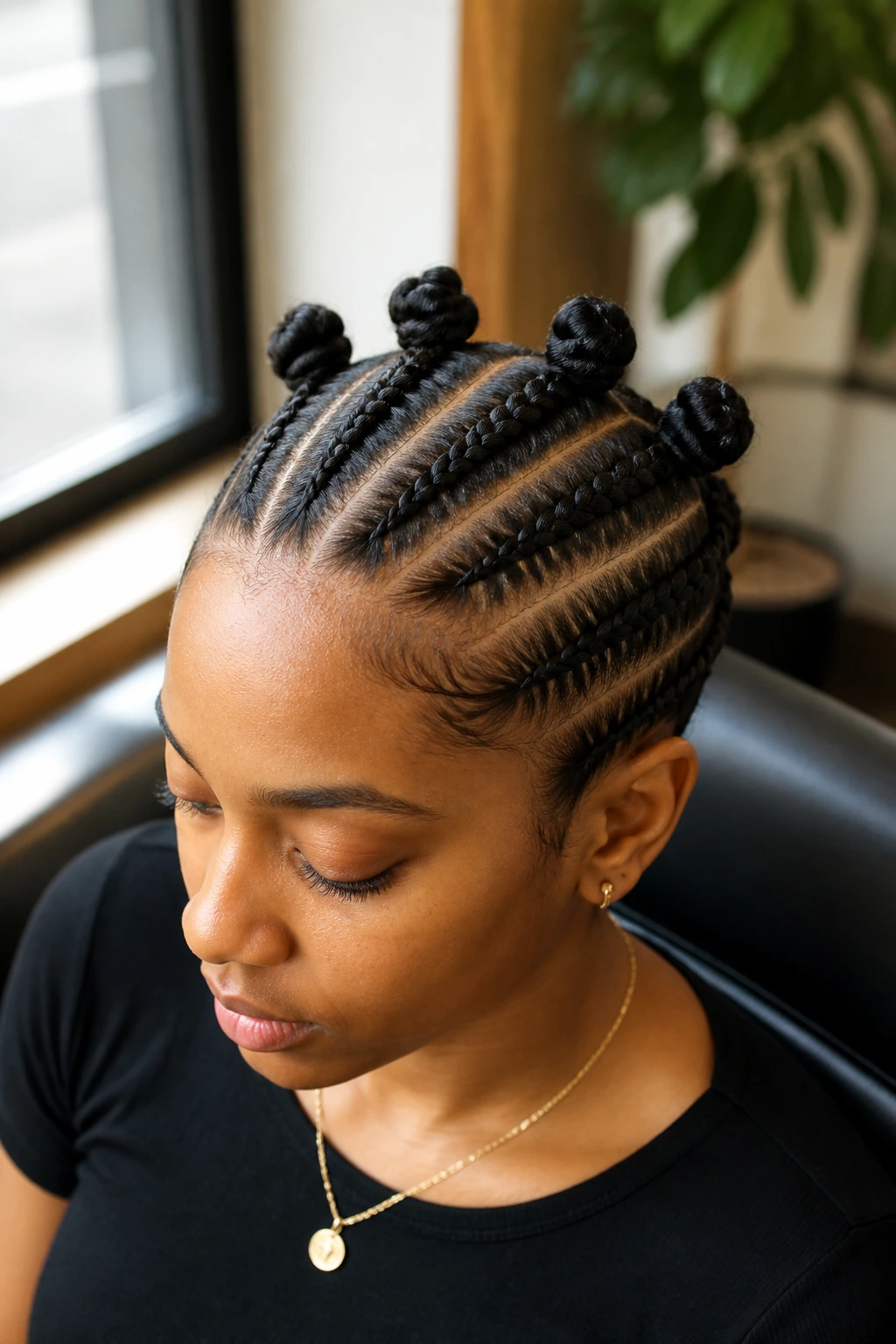 Close-up of six feed-in cornrows ending in small crown knots on a real person’s crown.