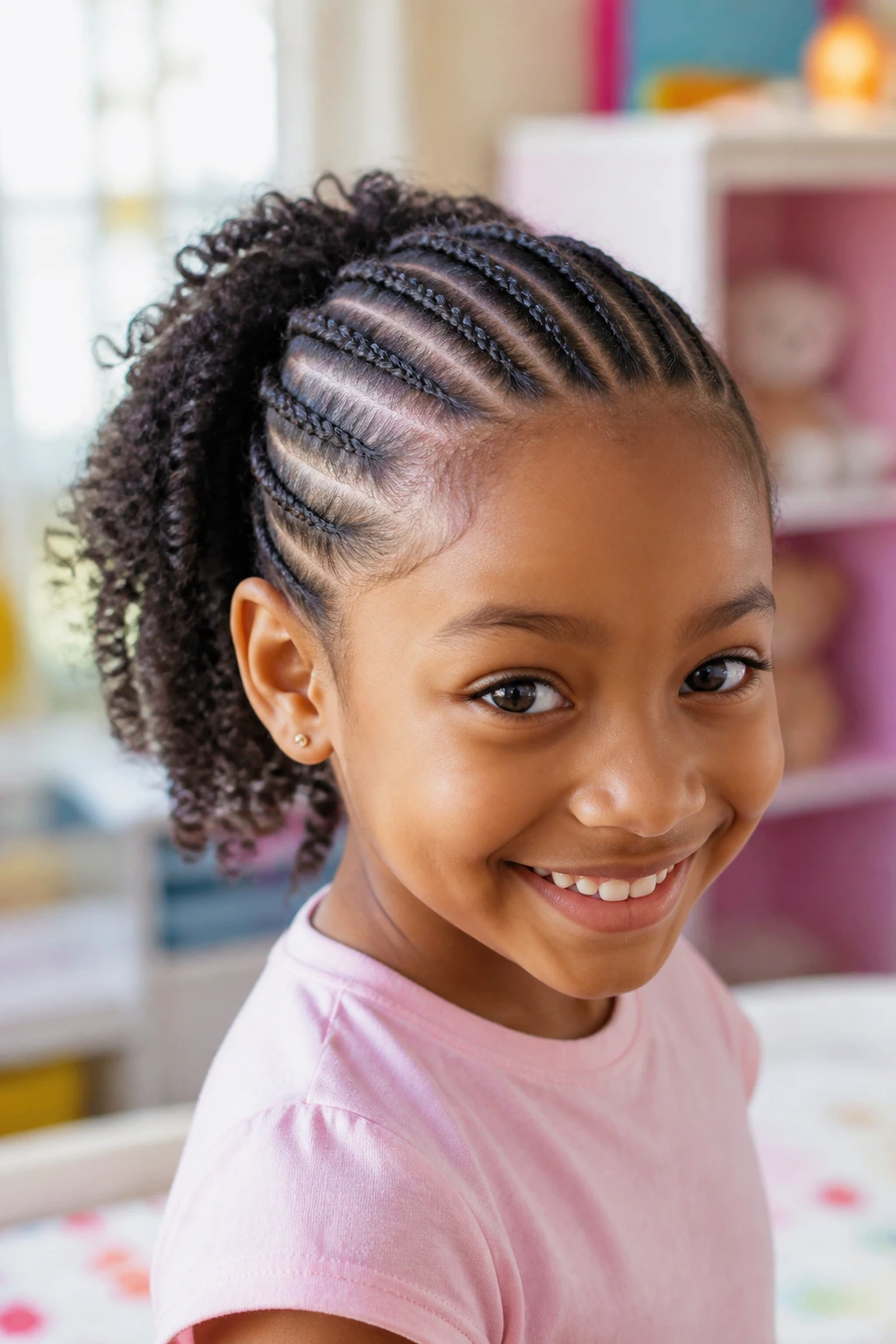 Close-up of a girl with front cornrows and curly back hairstyle.
