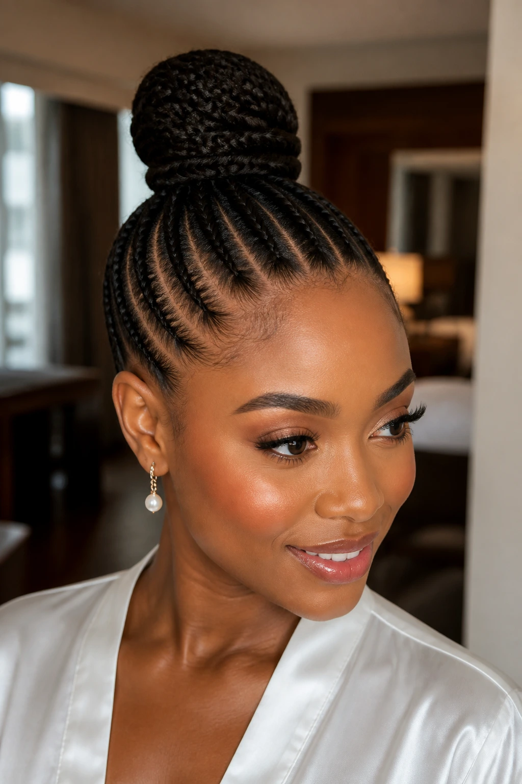 Close-up of a real woman with cornrows leading to a centered topknot