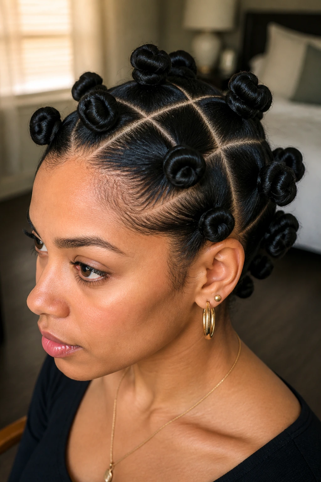 Crisscross Part Knots close-up on a real woman with crisp scalp-part lines in straight hair