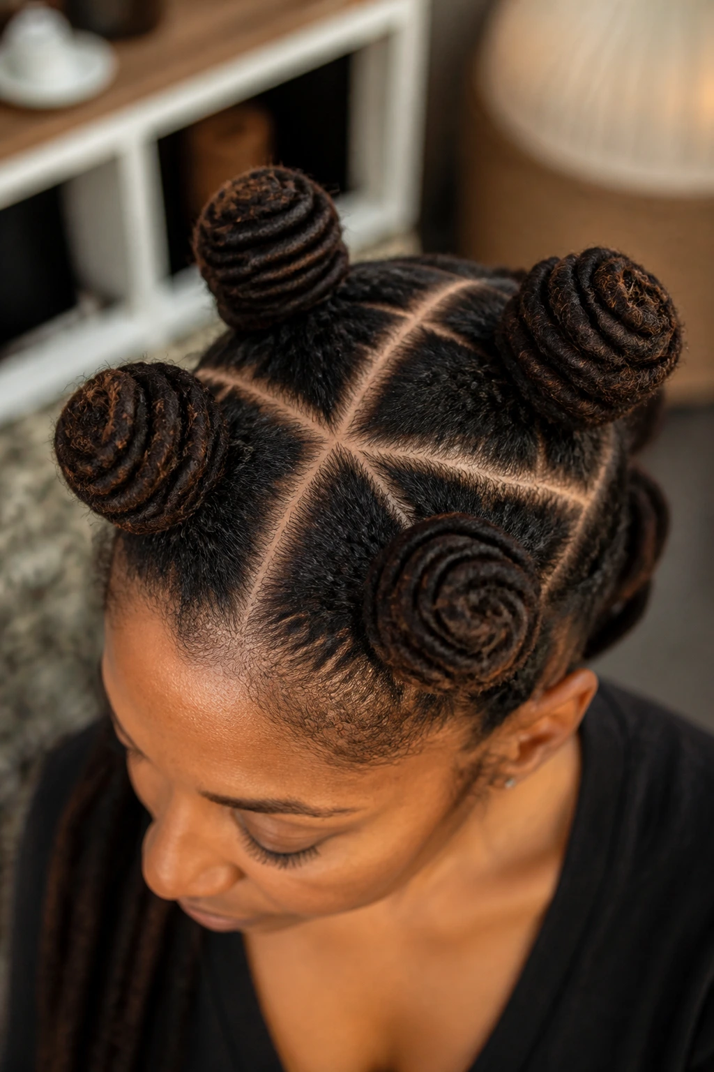Close-up of a real woman showing an X-shaped crisscross parting among six medium knots