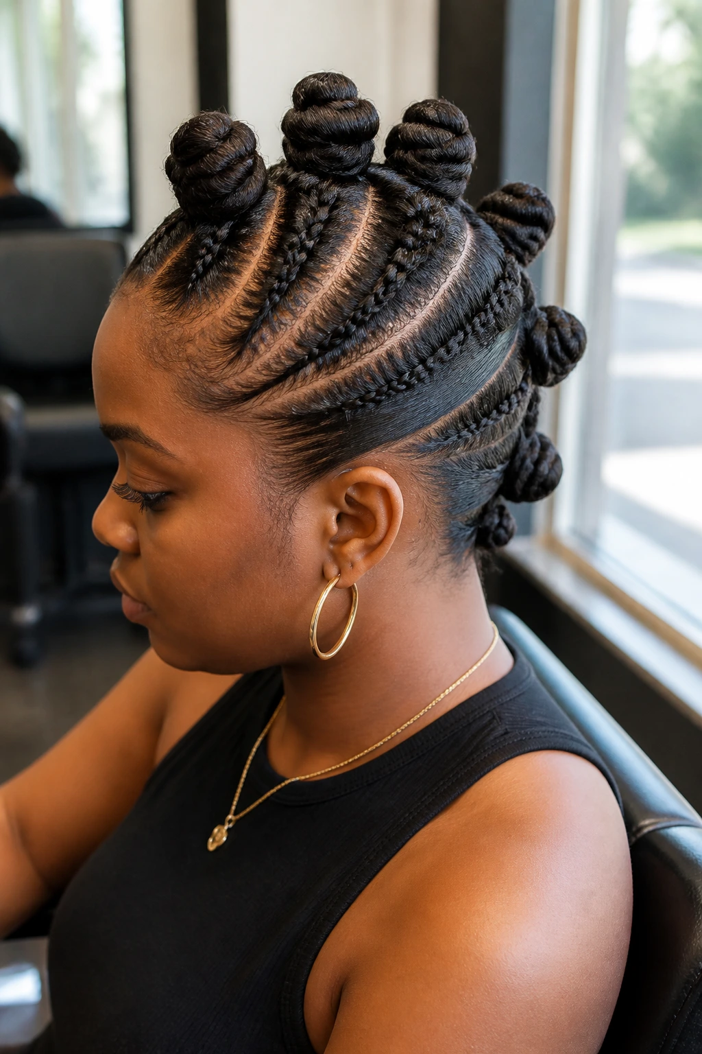 Close-up of a real person with a crochet Bantu knot mohawk in salon lighting