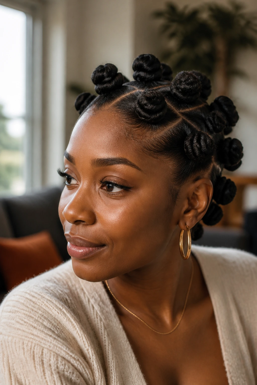 Close-up portrait of a real woman with crochet Bantu knots under warm window light