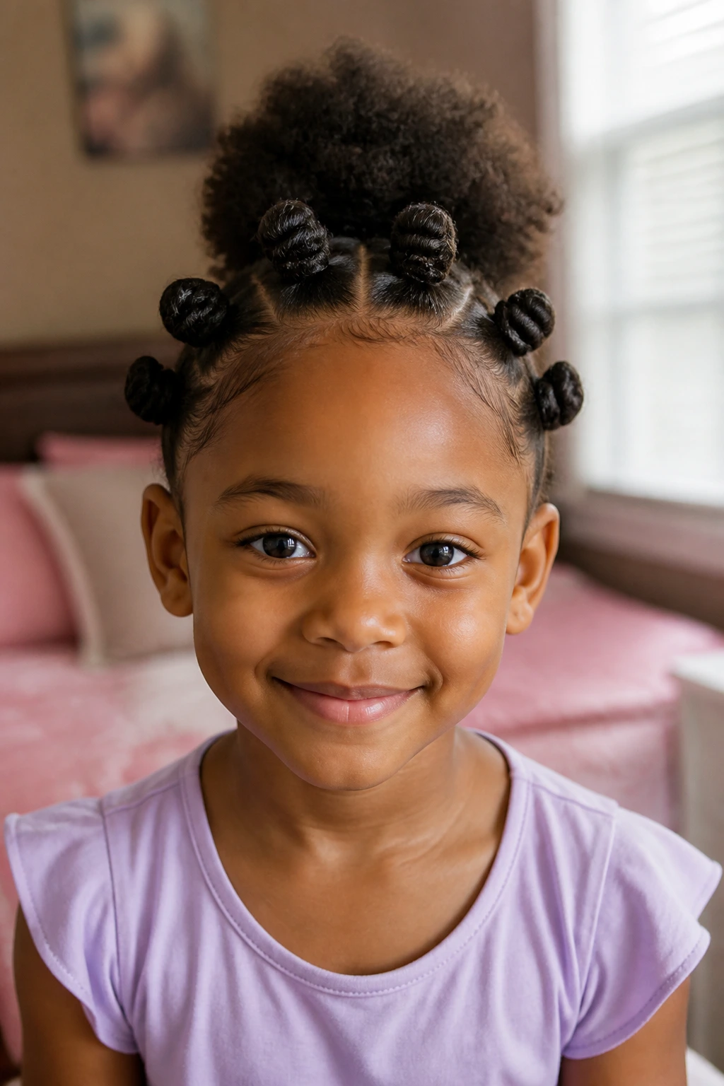 Child with crown bantu knots framing the hairline