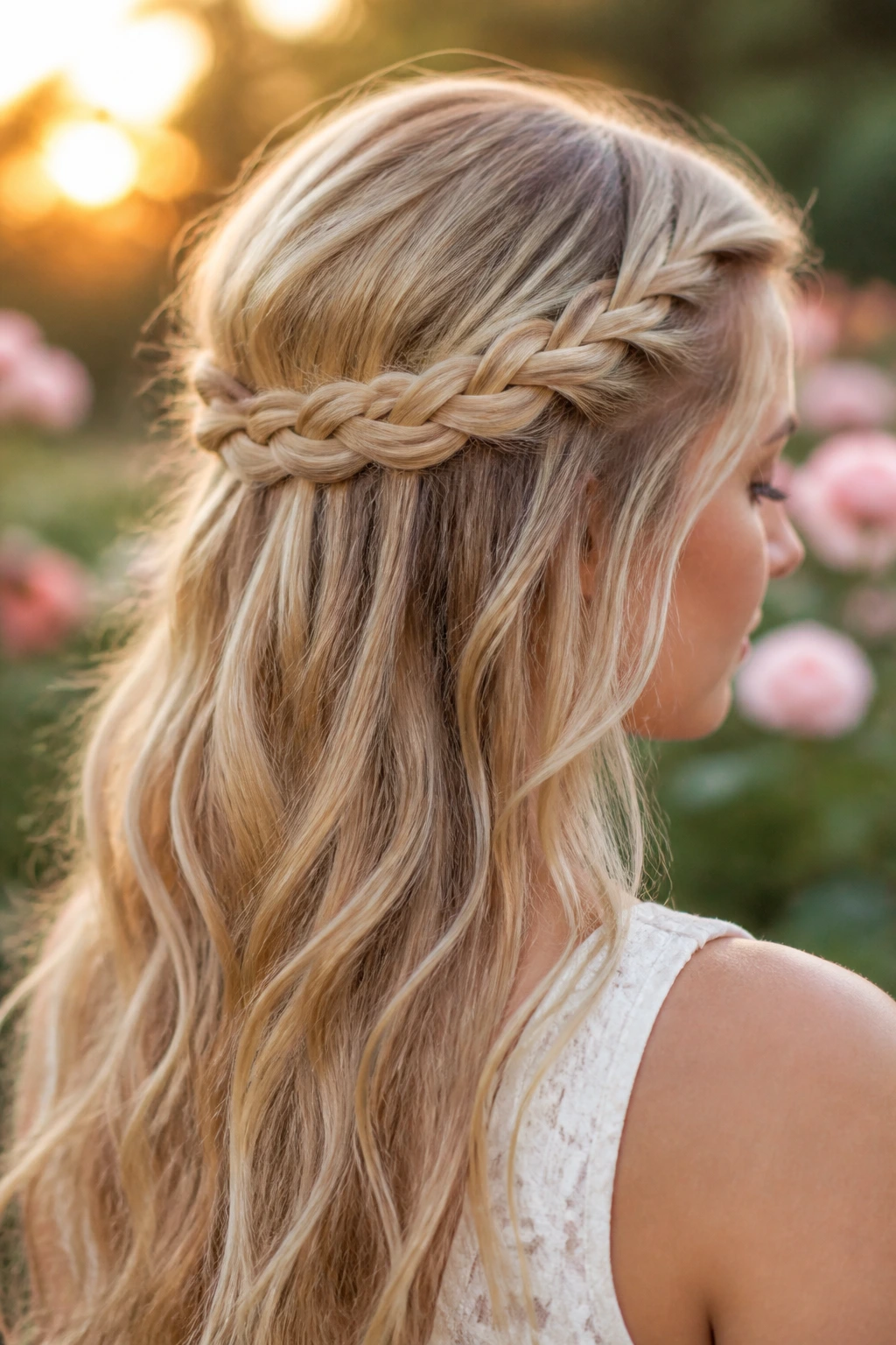 Close-up of a blonde woman wearing a crown braid half-up hairstyle.