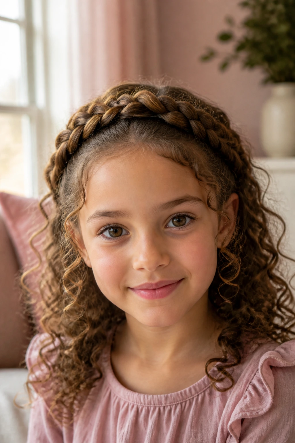 Close-up portrait of a girl with a crown braid halo and free curls