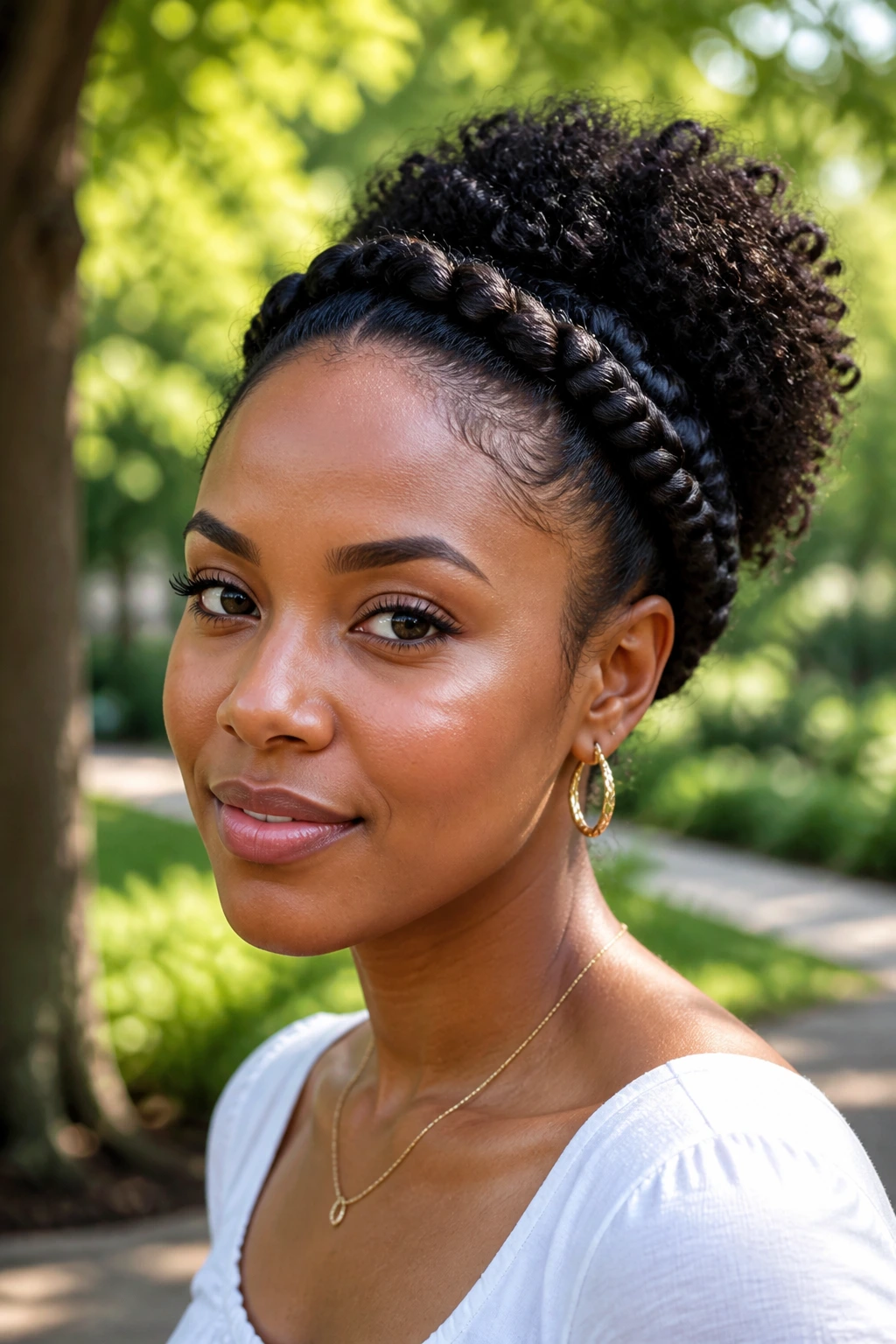Close-up of a real woman with crown braids and curly puff