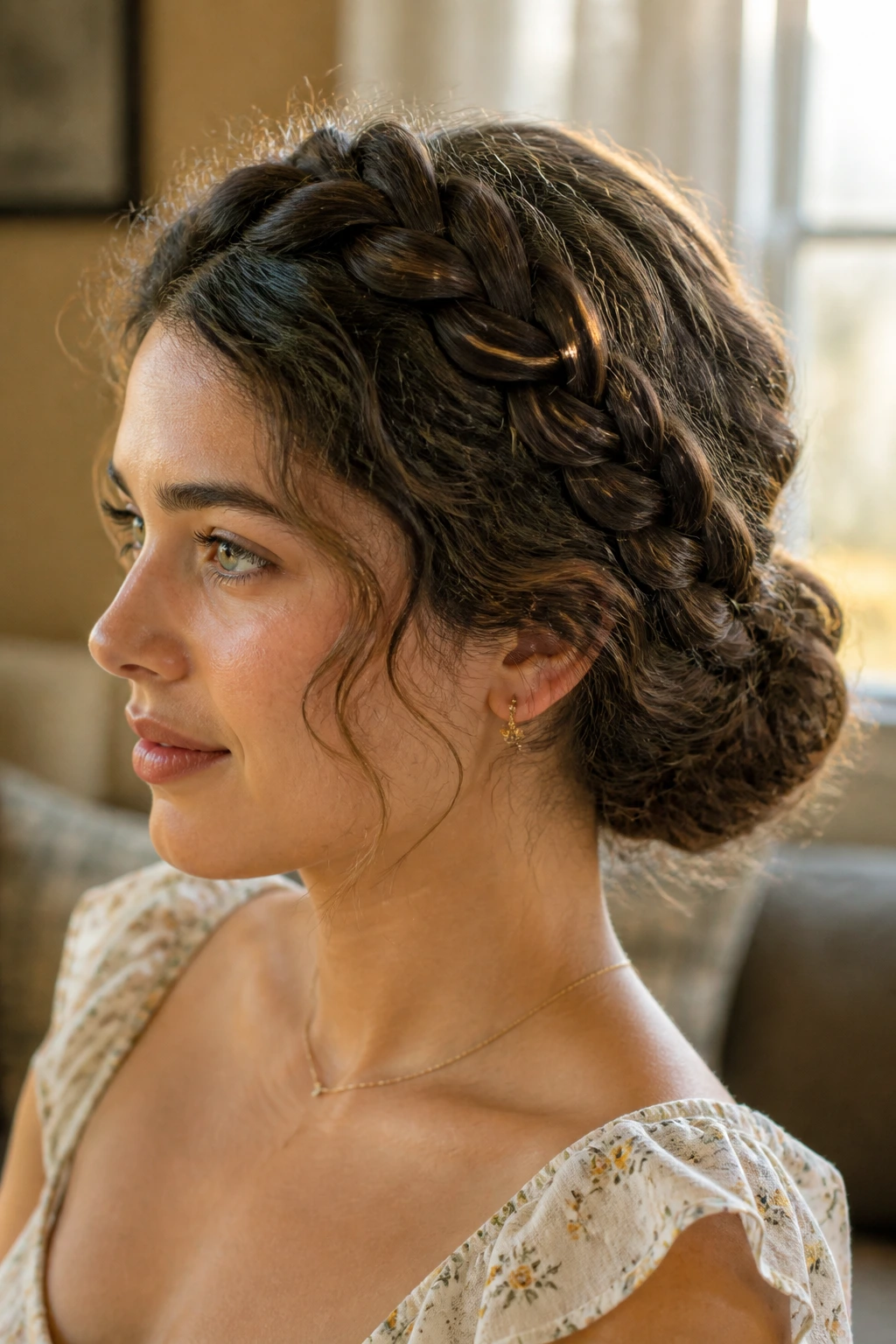 Real woman with crown braid around the head, forming a low bun at the nape, bathed in warm natural light.