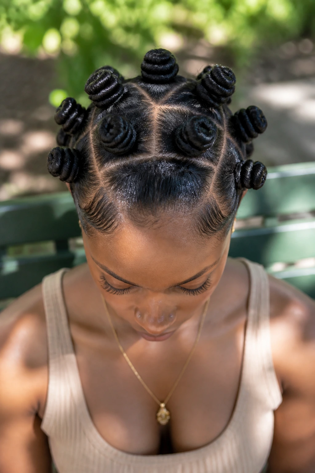 Close-up of a real woman wearing crown halo Bantu knots around the crown