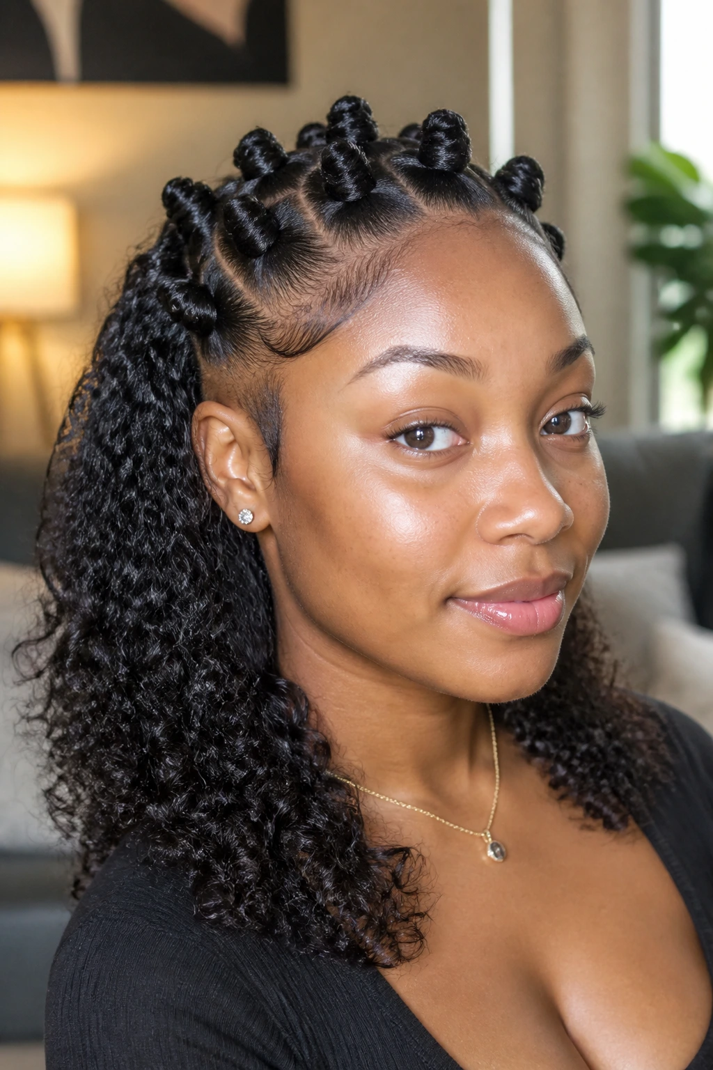 Close-up of crown row mini knots with loose wash-and-go curls on a real woman.