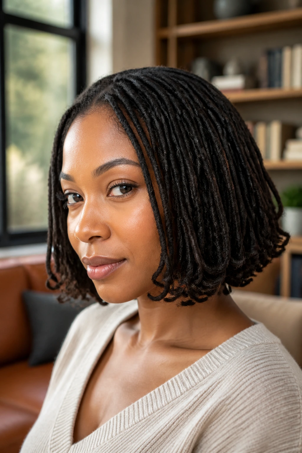Close-up of a real person with locs featuring uniform curled ends forming a neat chin-length bob