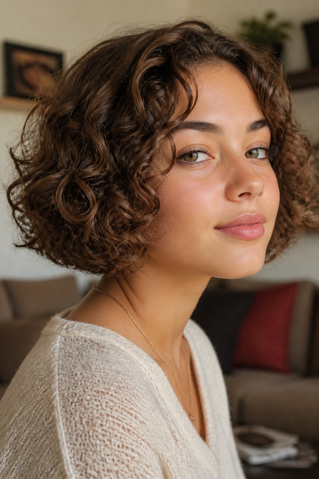 Close-up of a real teen girl with a chin-length curly bob in daylight