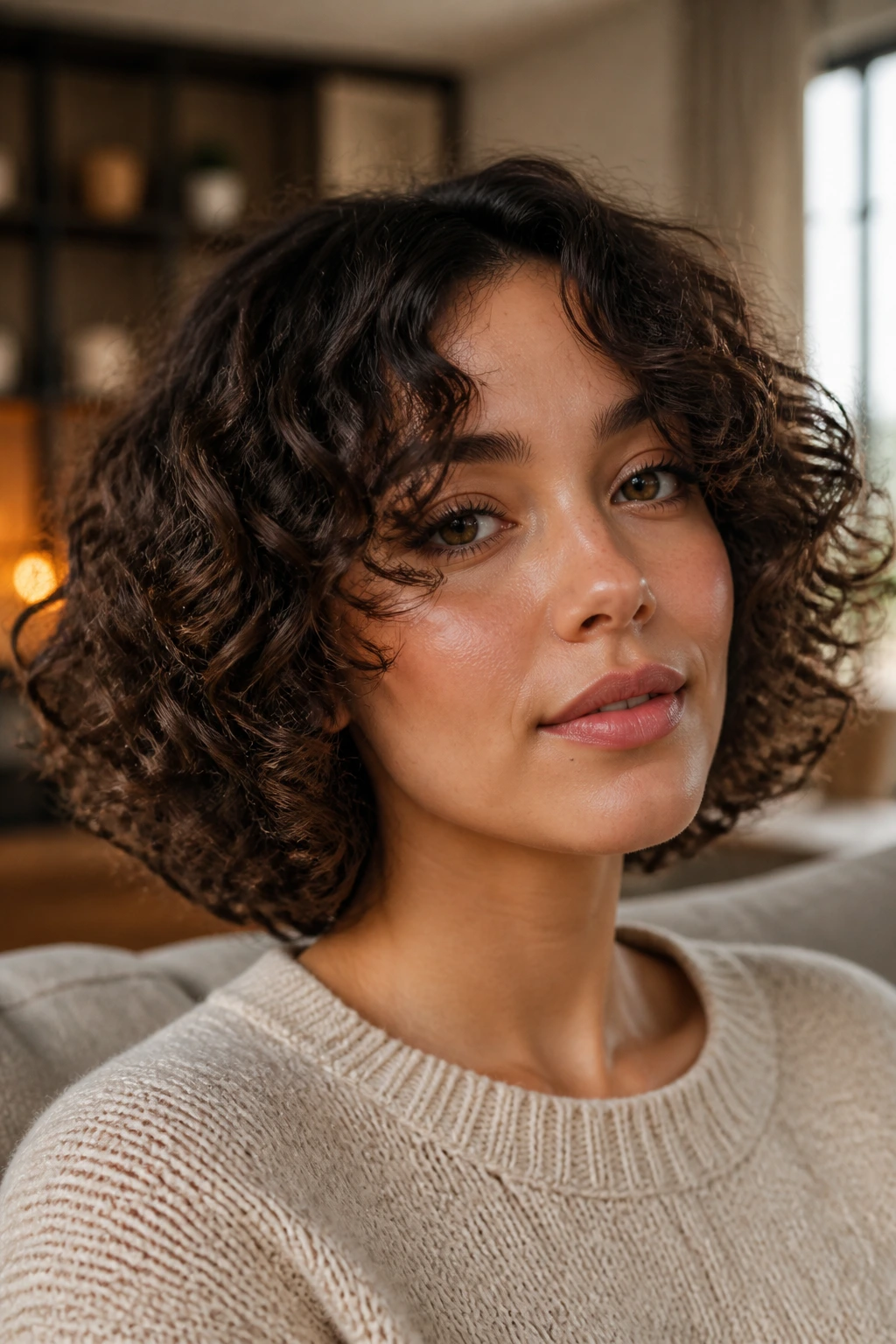 Close-up of a real woman with curly bob and stretchy curtain bangs