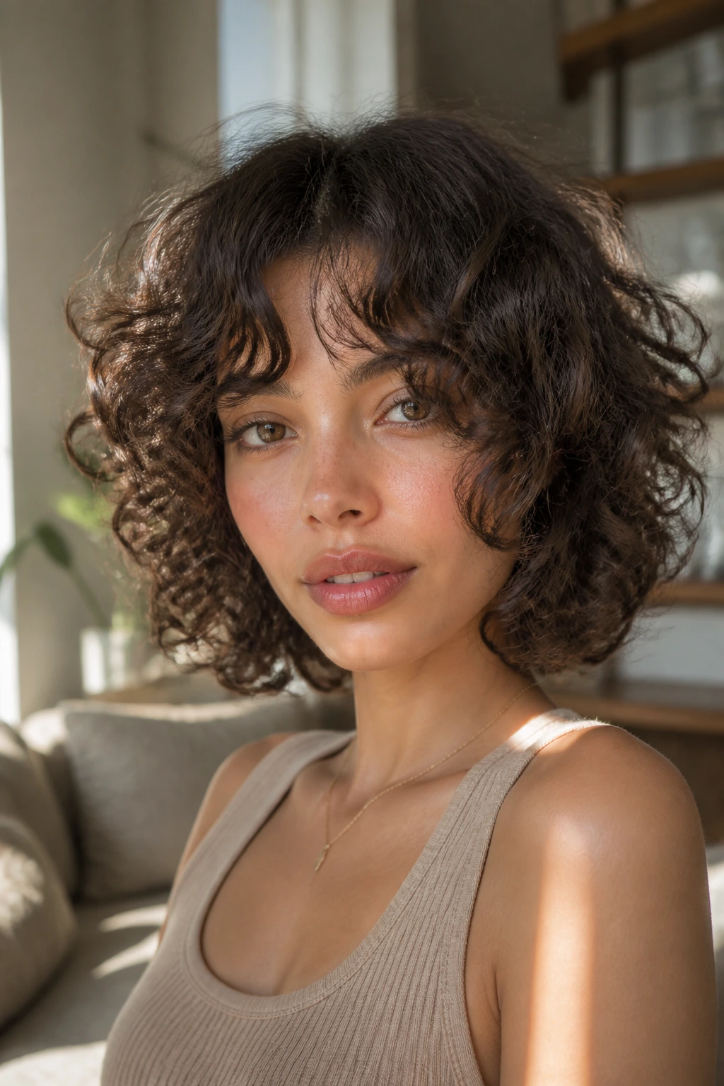 Real woman with curly bob and curtain bangs in a sunlit living room.
