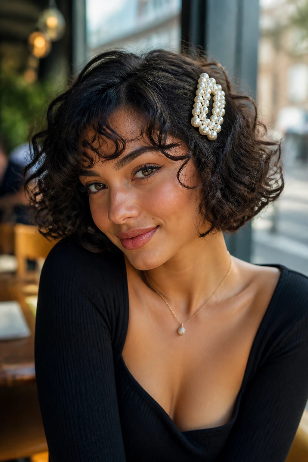 Close-up portrait of a real person with a curly bob featuring flipped ends and a bold hair accessory