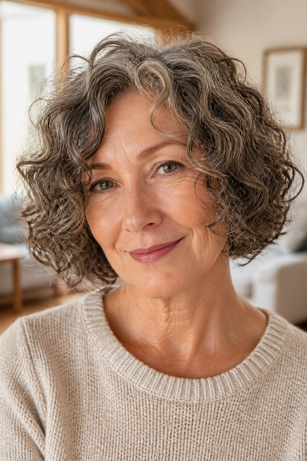 Real woman with a curly bob showing fullness and defined curls.