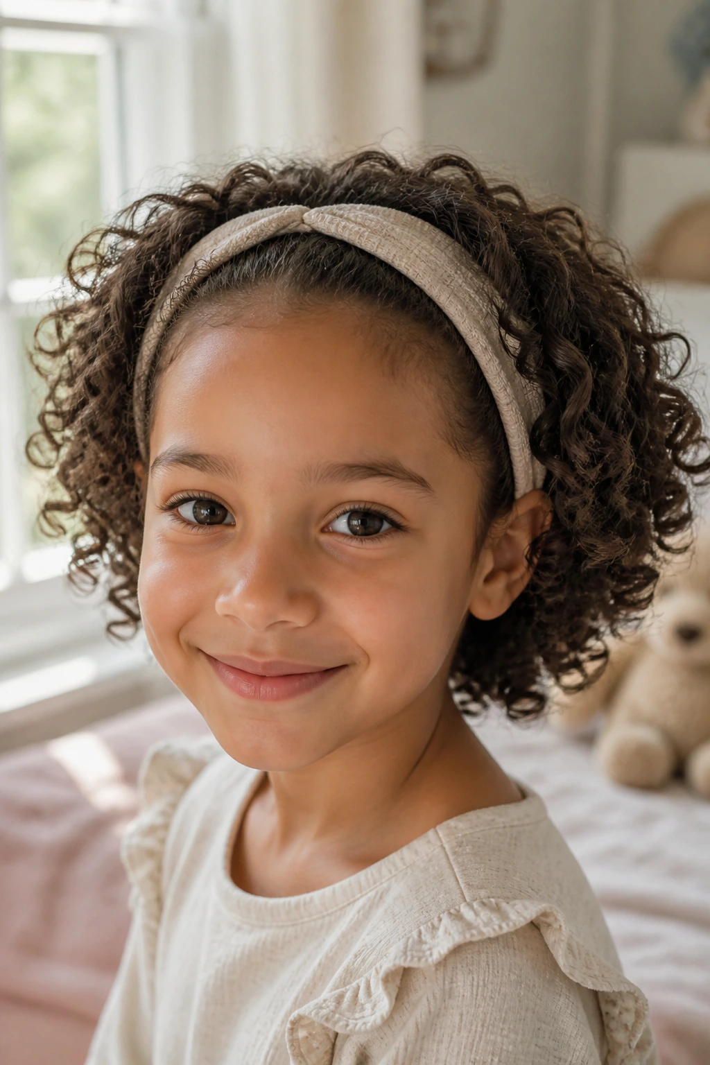 Child with chin-length curly bob and soft headband keeping hair from the eyes.