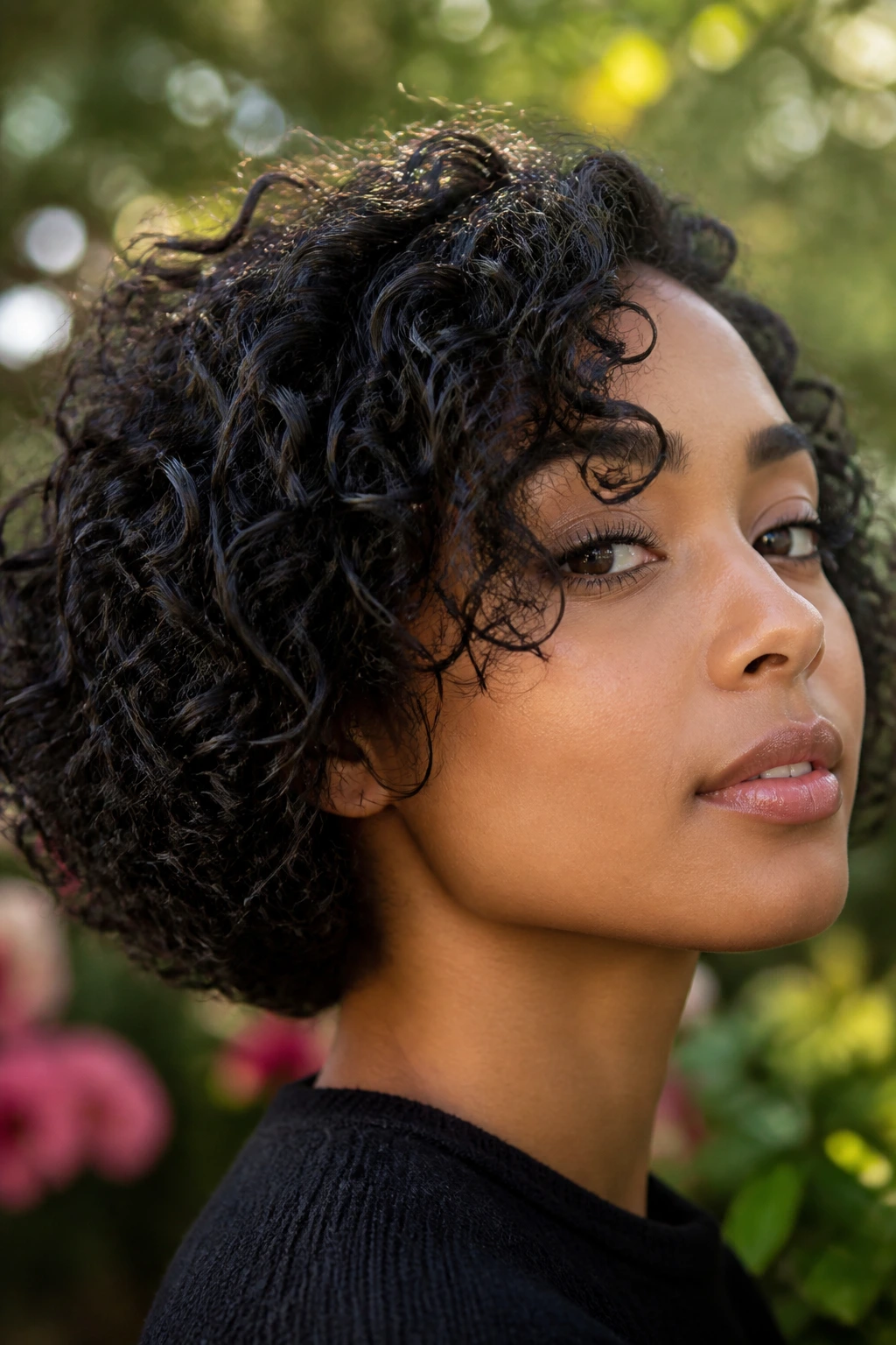 Close-up portrait of a real person with a curly bob and a clean jawline outdoors
