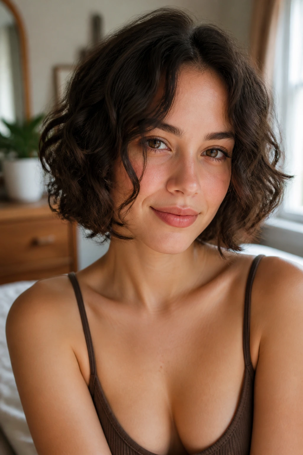 Close-up portrait of a real woman with a curly bob featuring soft face framing around temples and cheeks