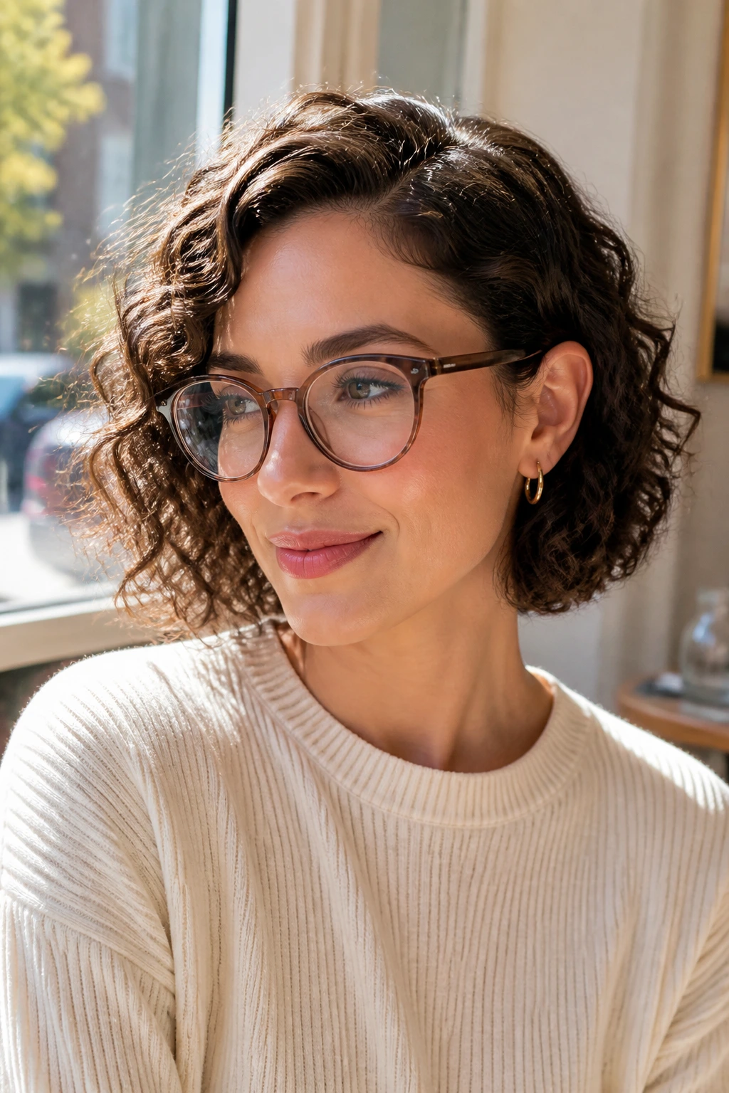 Close-up of a real woman with a side-parted curly bob clearing the temples
