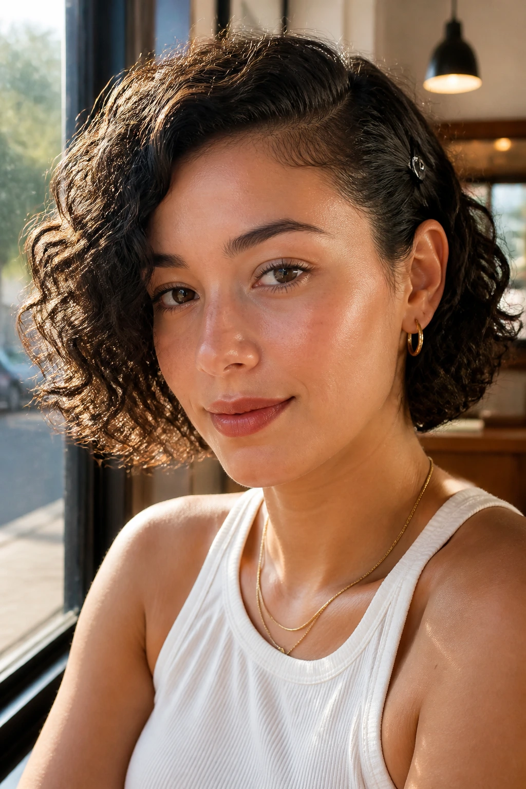 Close-up of a real person with a curly bob tucked behind the ear with a pin