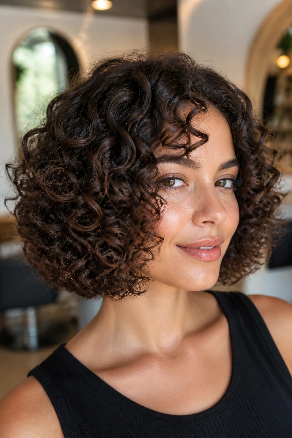 Close-up portrait of a real woman with curly box bob and spiral perm