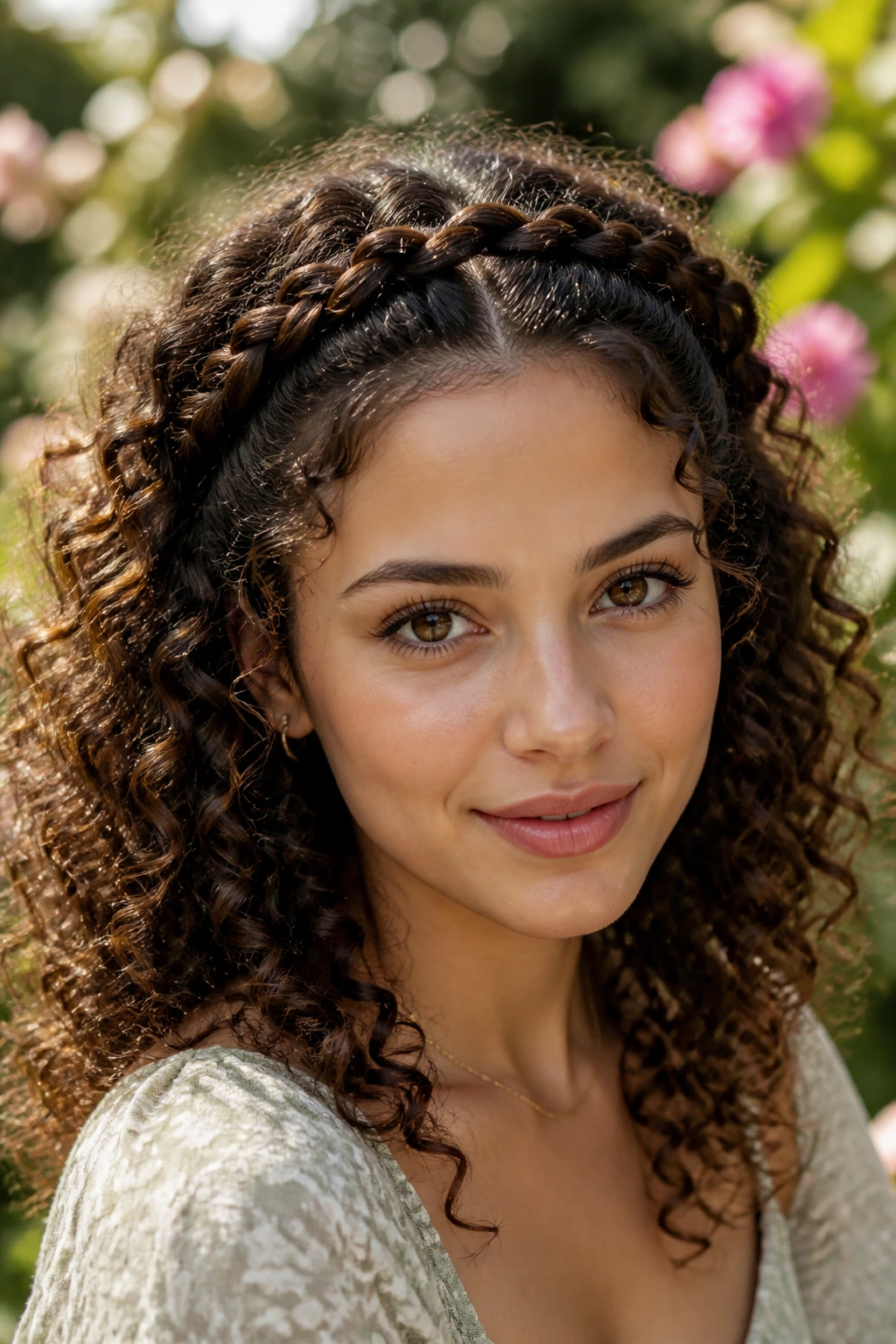 Close-up of a real woman wearing a curly crown braid along the hairline
