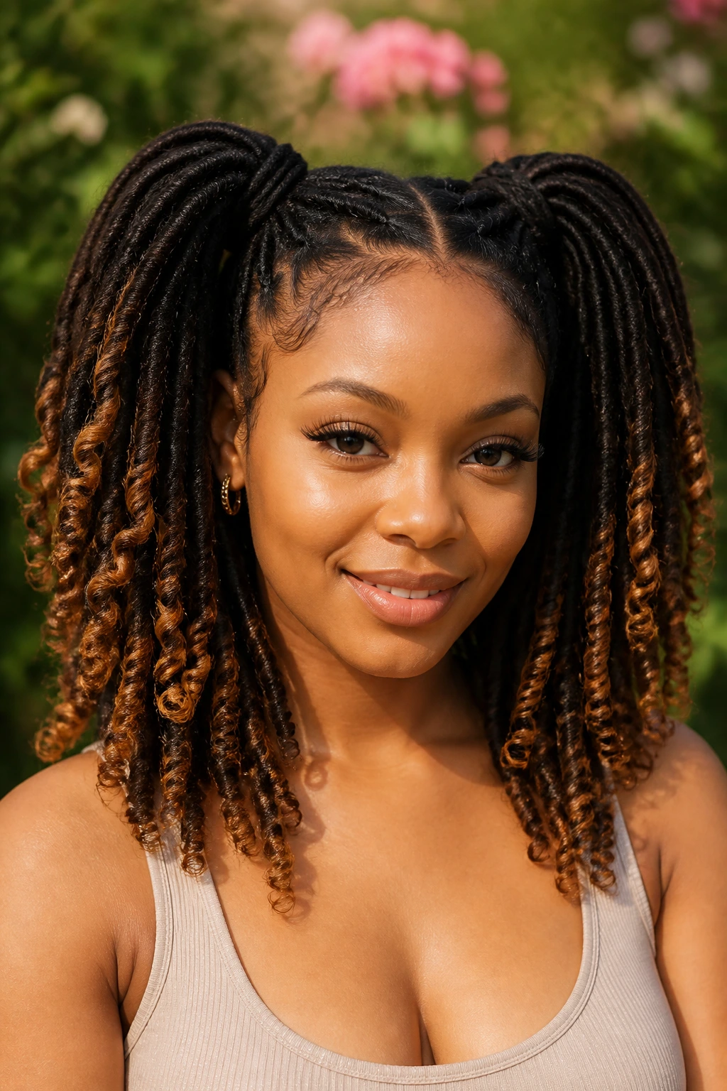 Close-up of a real woman with two curly dreadlock pigtails and a middle part