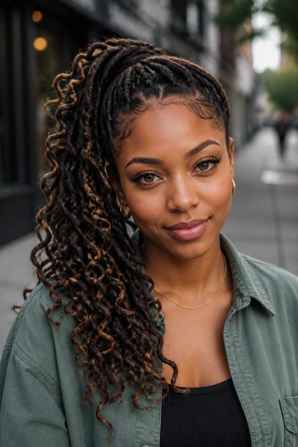Close-up of real woman with Curly Dreadlock Side Ponytail on shoulder