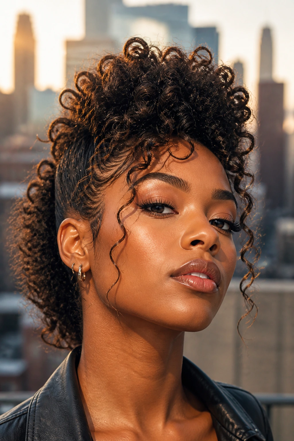 Close-up of real person with curly wig styled into a curly faux hawk with loose ends