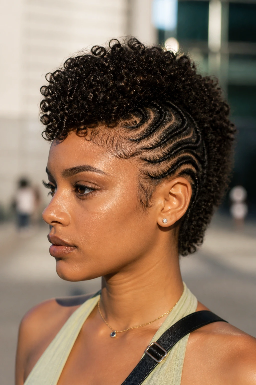 Medium close-up of a real person with a curly faux hawk and shaped sides outdoors in warm daylight.