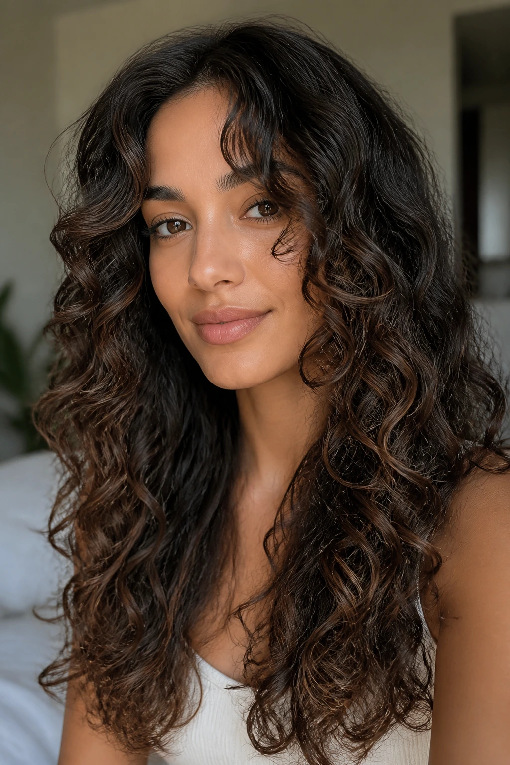 Close-up portrait of a real woman with long face-framing layers and soft front curls around the chin.