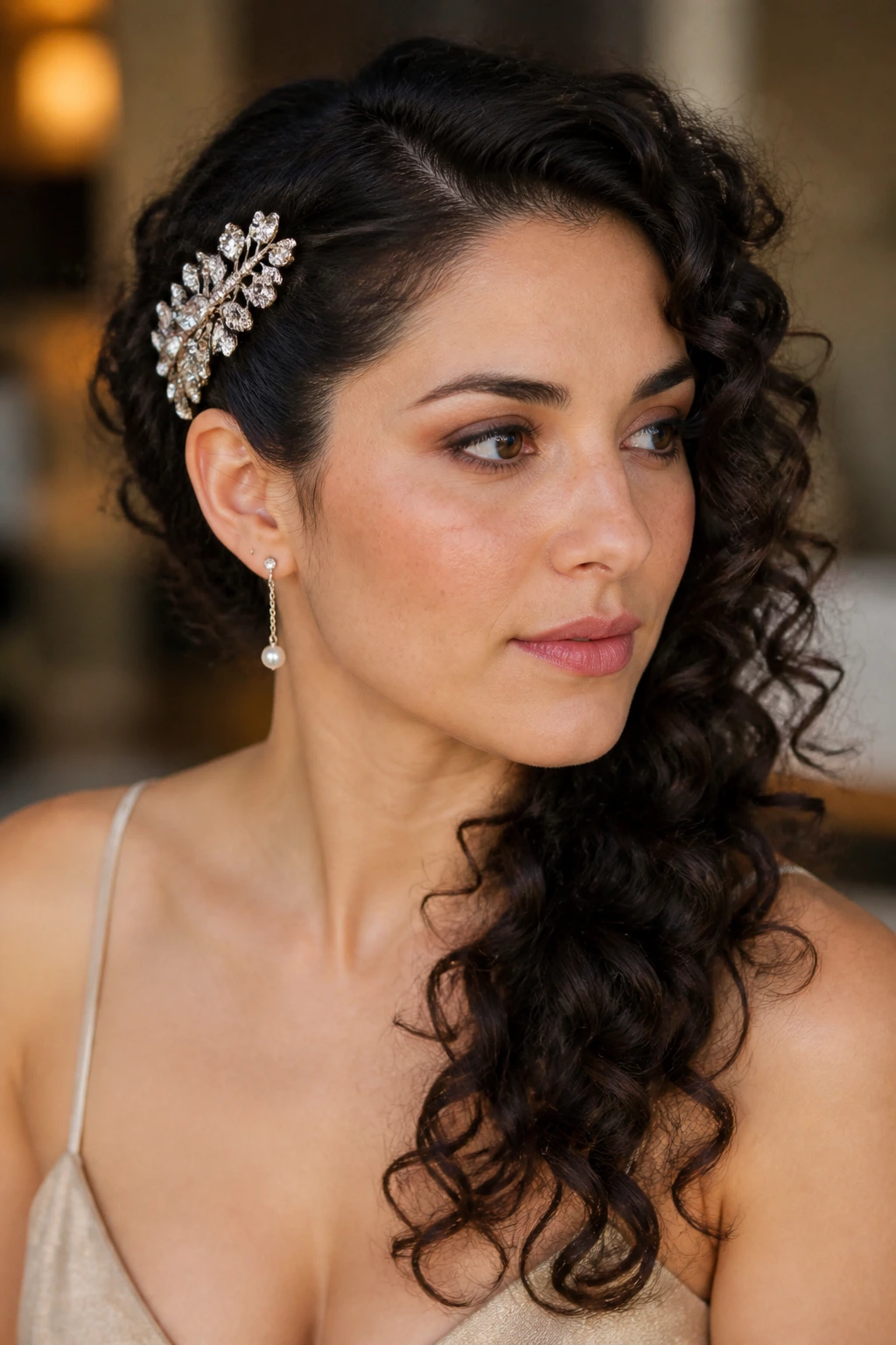 Close-up portrait of a real woman with curly side-swept hair secured by a jeweled comb