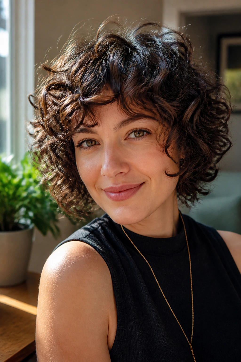 Close-up portrait of a real woman with a curly layered bob showing volume and bounce in natural window light
