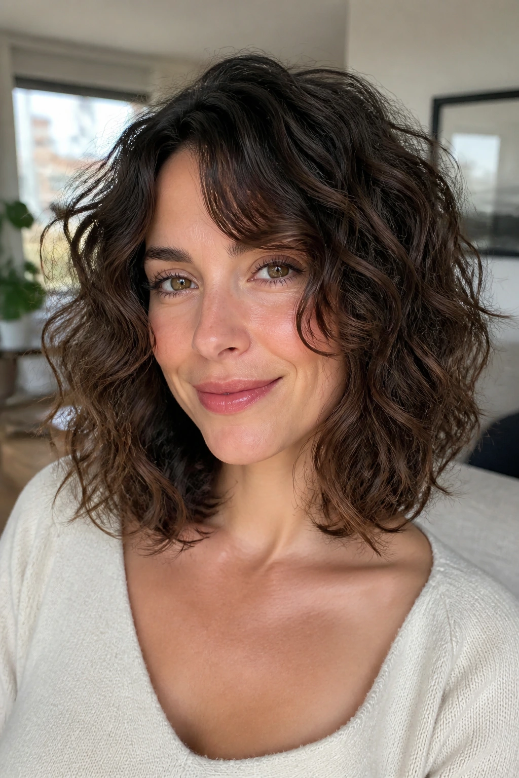 Close-up of a real woman with a face-layered curly lob and air-dried texture in soft daylight
