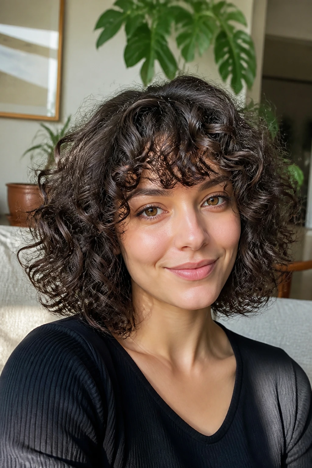 Portrait of a real person with curly lob and curly bangs in a sunlit living room