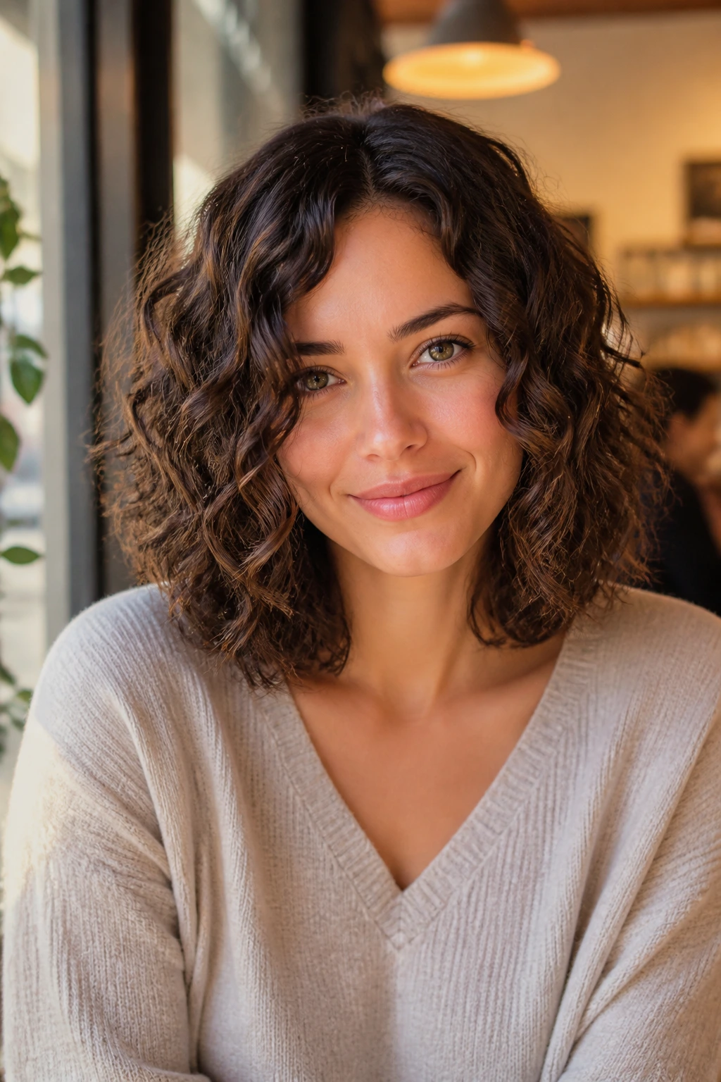 Close-up portrait of a real woman with curly lob with soft bend