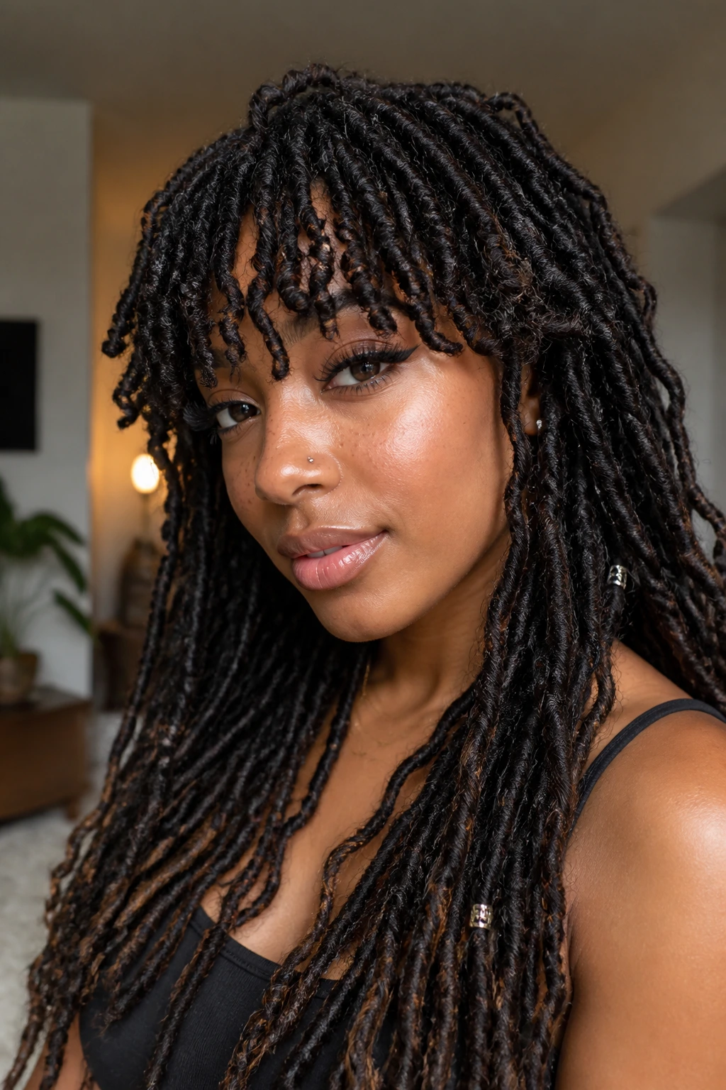 Close-up of a real woman with curly loc bangs and loose-length curls