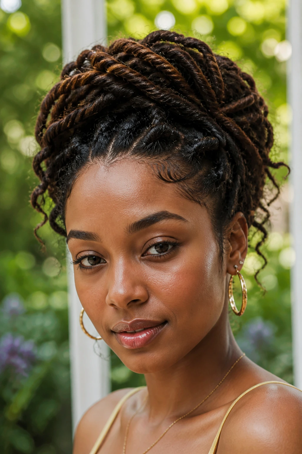 Close-up portrait of a real woman wearing a Curly Loc Crown Updo halo of locs
