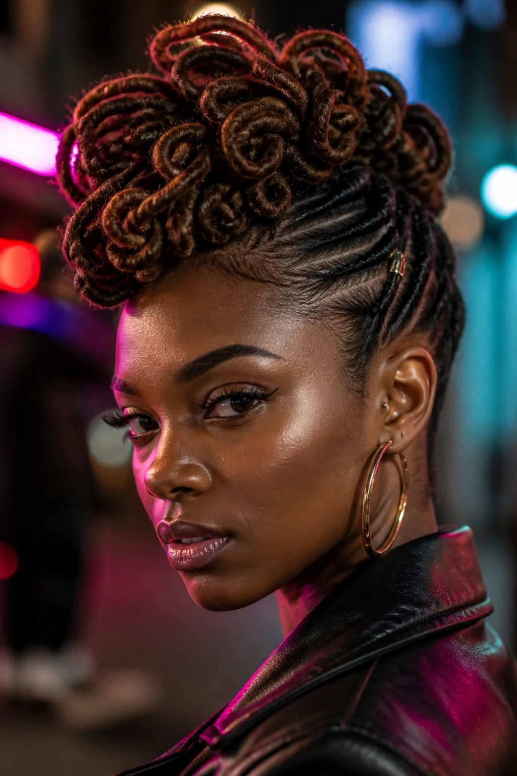 Close-up of real woman with Curly Loc Pinned Mohawk center ridge