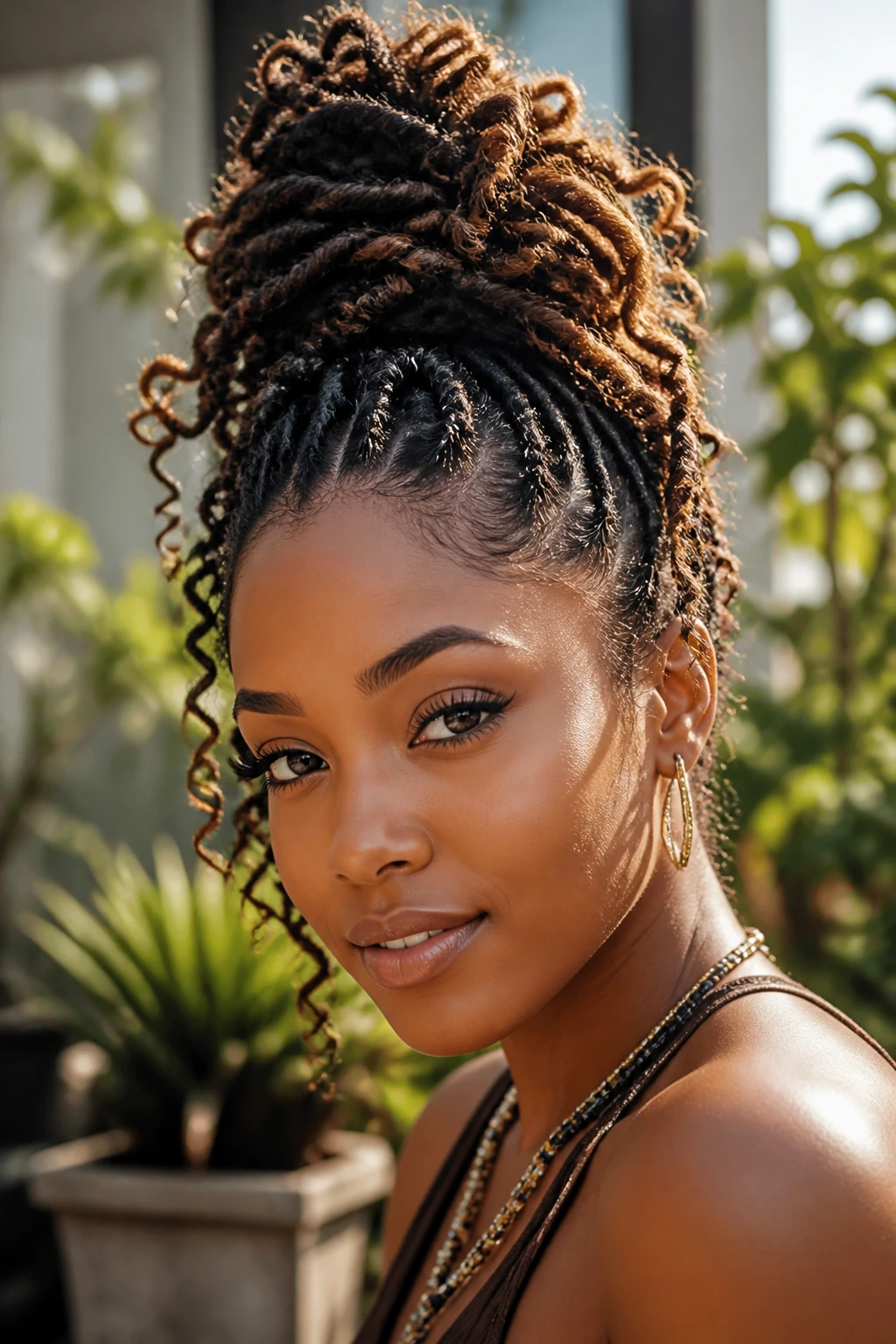 Close-up of real woman with Curly Loc Top Knot