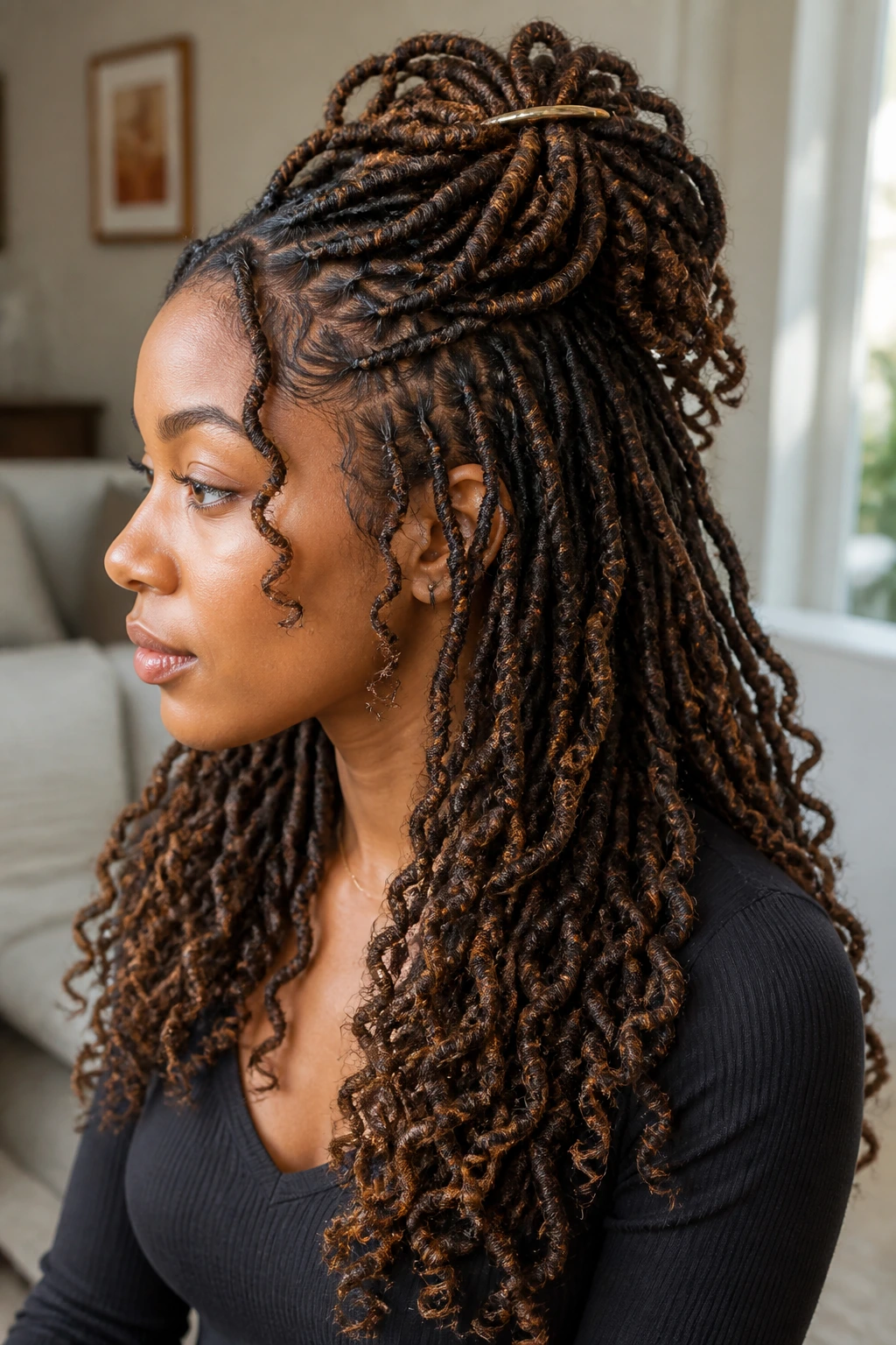 Real woman with waterfall layers in curly locs, upper layer pinned for movement